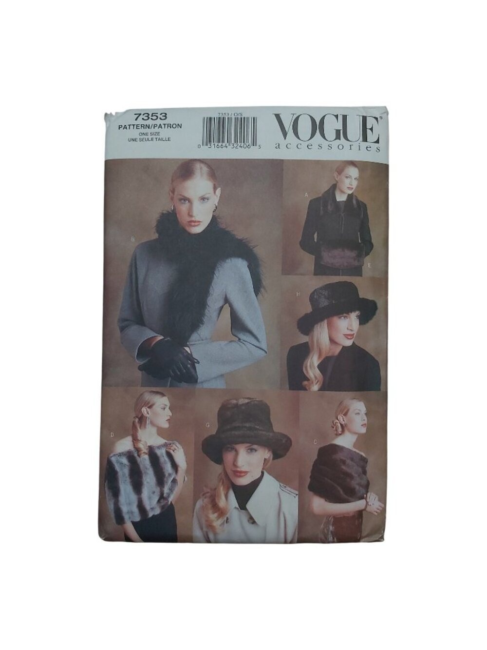 Vogue 7353 Faux Fur Winter Accessories Sewing Pattern Hat Wrap Collar Muffler
